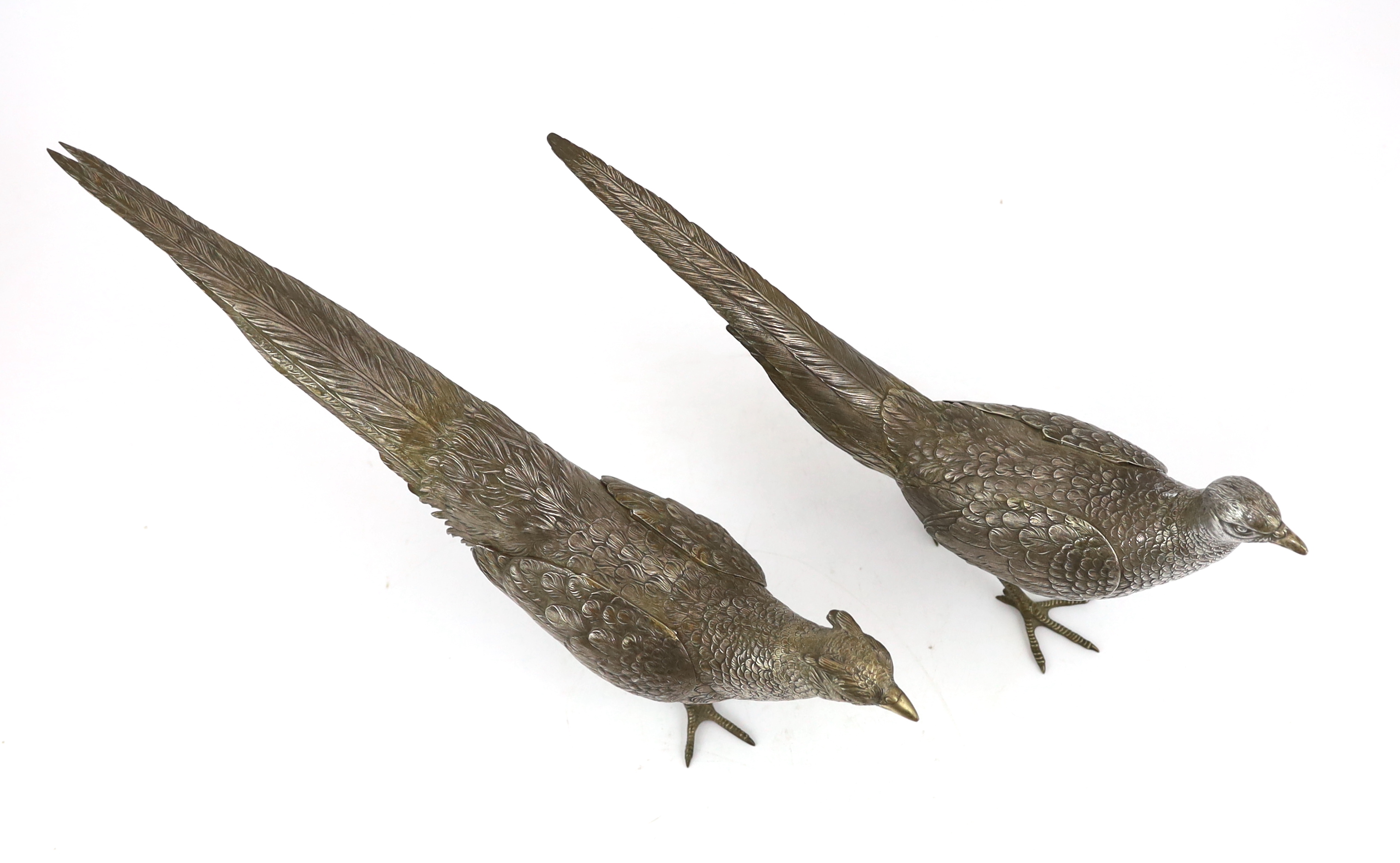 A large pair of German 800 standard silver free standing model pheasants with articulated wings, c.1930, 46cm long